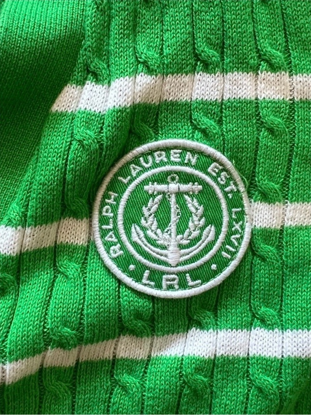 Vintage Ralph Lauren L-RL Lauren Active Green Striped Cable Knit Cardigan M - Picture 3 of 5